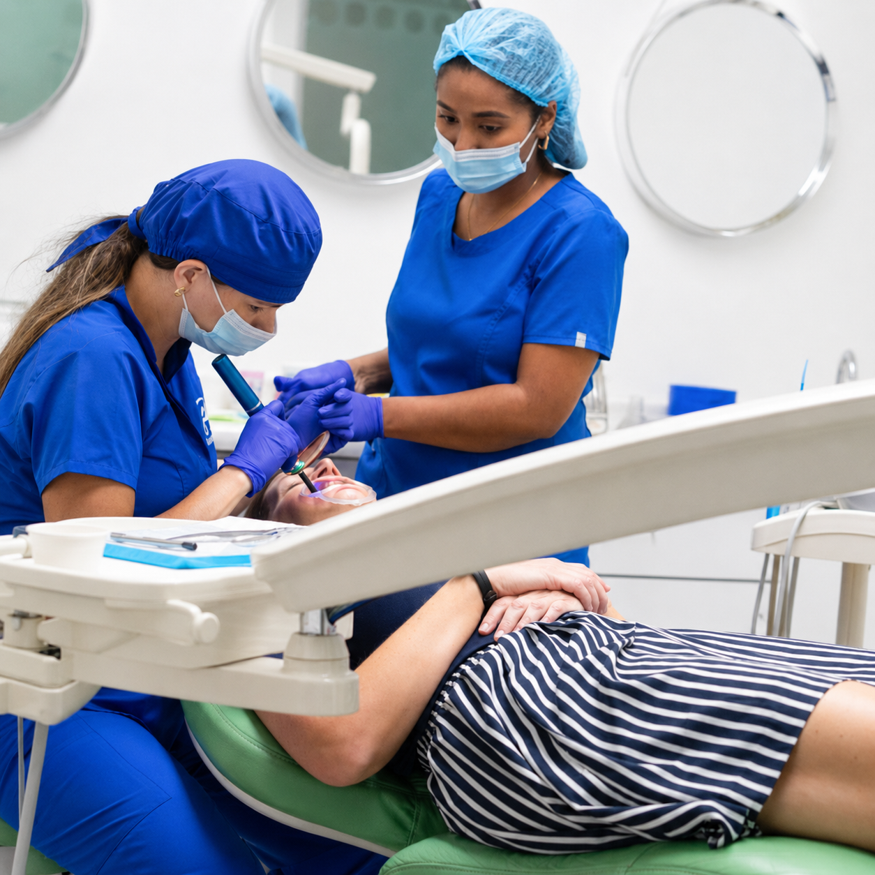 Equipo de Denta Sana atendiendo a una paciente en el gabinete