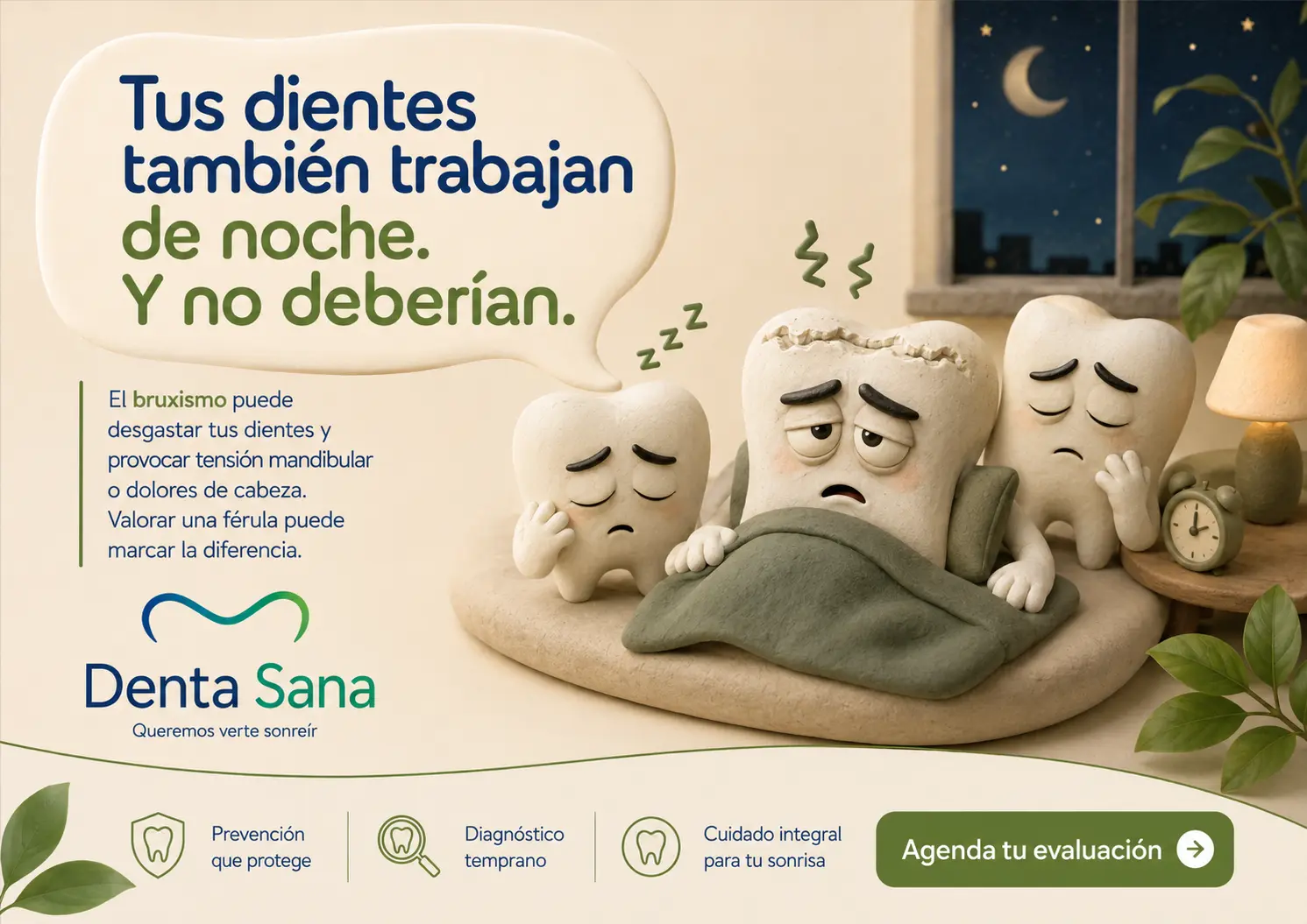 Ilustración de la campaña Denta Sana sobre bruxismo y desgaste dental nocturno
