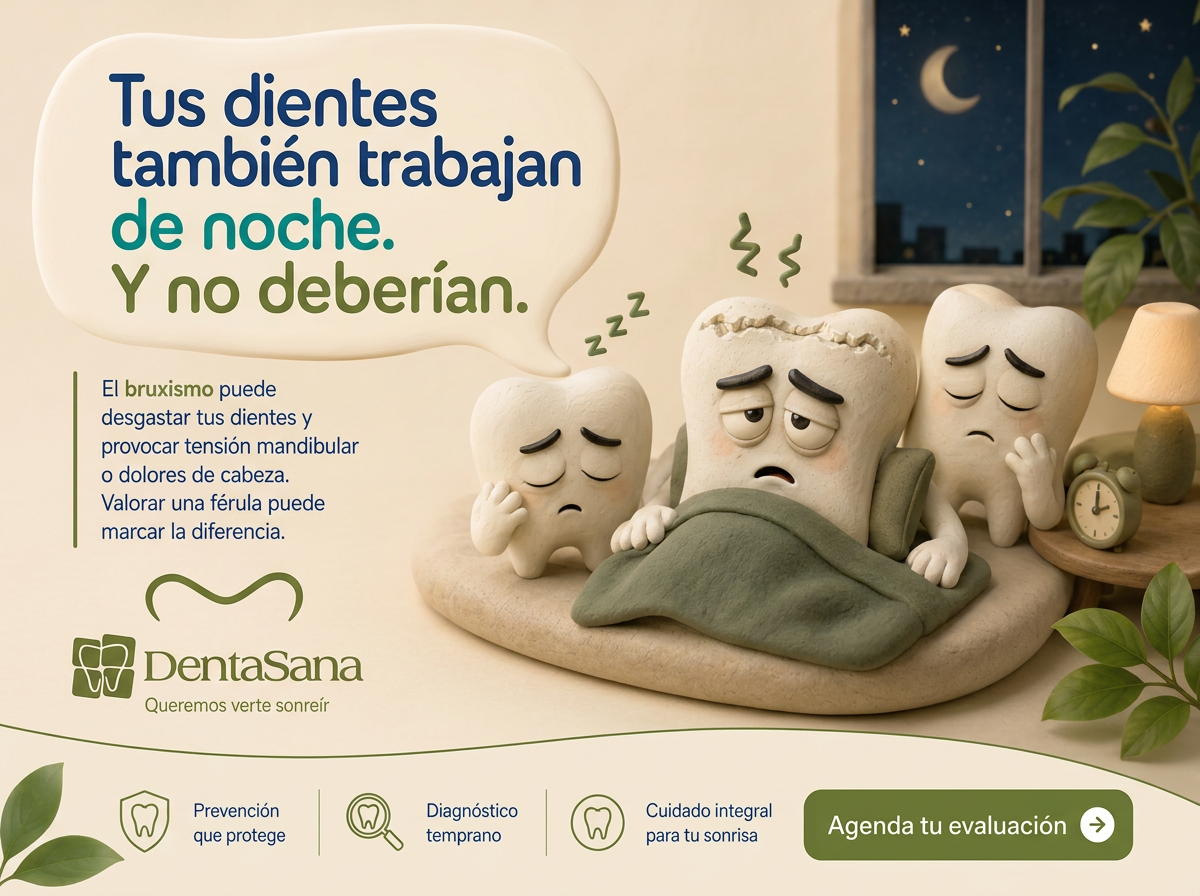 Ilustración de la campaña Denta Sana sobre bruxismo y desgaste dental nocturno