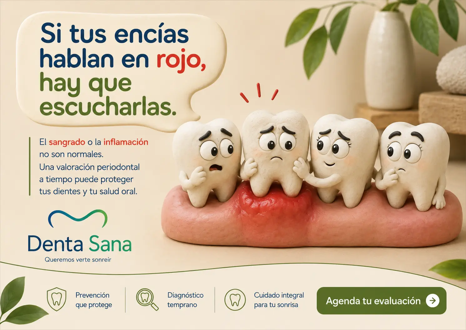 Ilustración de la campaña Denta Sana sobre encías inflamadas y sangrado
