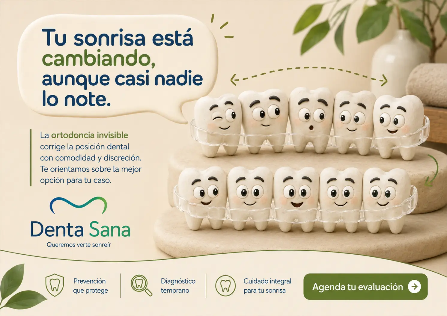 Ilustración de la campaña Denta Sana sobre ortodoncia invisible con alineadores transparentes