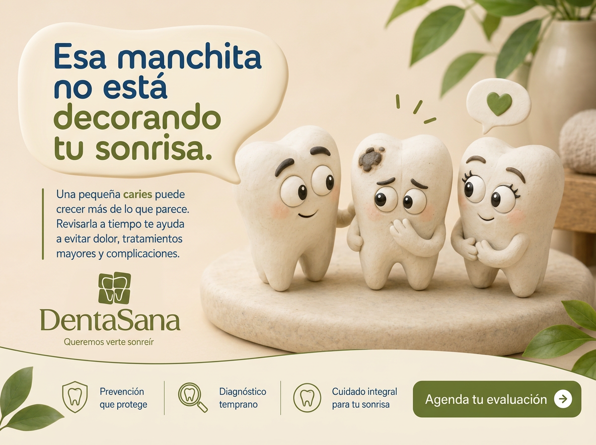 Ilustración de la campaña Denta Sana sobre caries: esa manchita no se va sola
