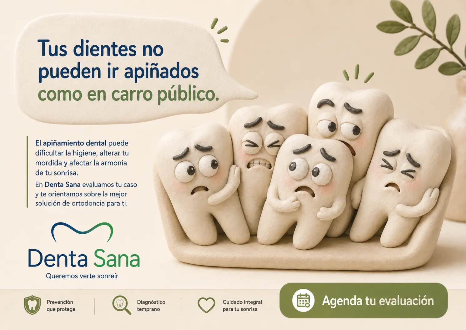 Ilustración de la campaña Denta Sana sobre dientes apiñados