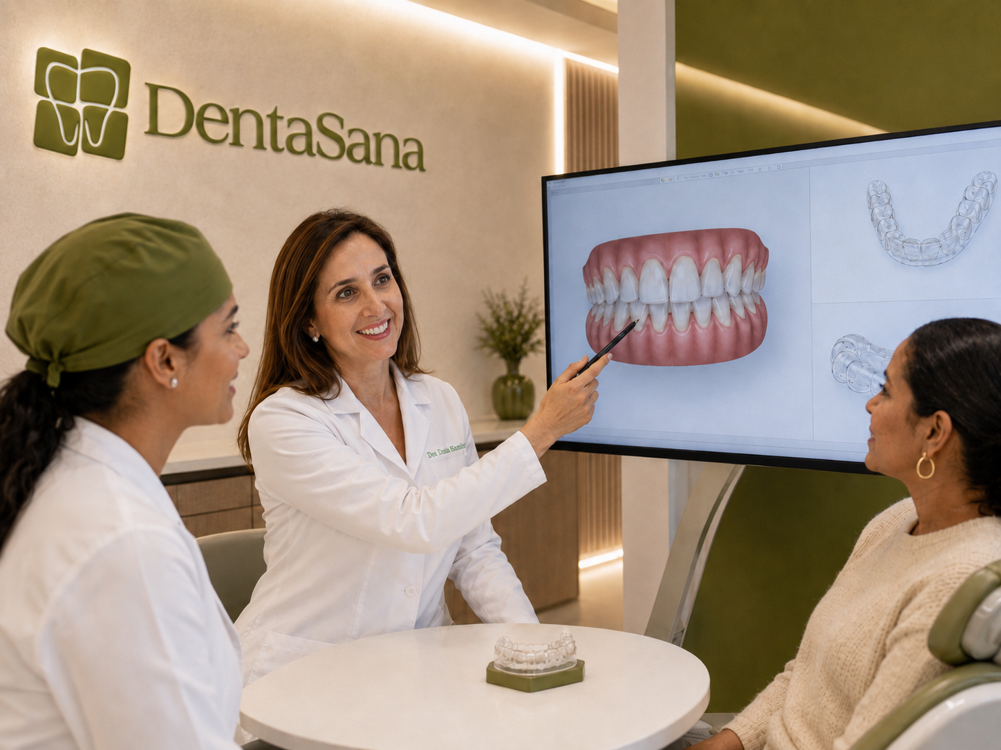 Odontólogas de Denta Sana explicando a una paciente su plan de alineadores transparentes en pantalla