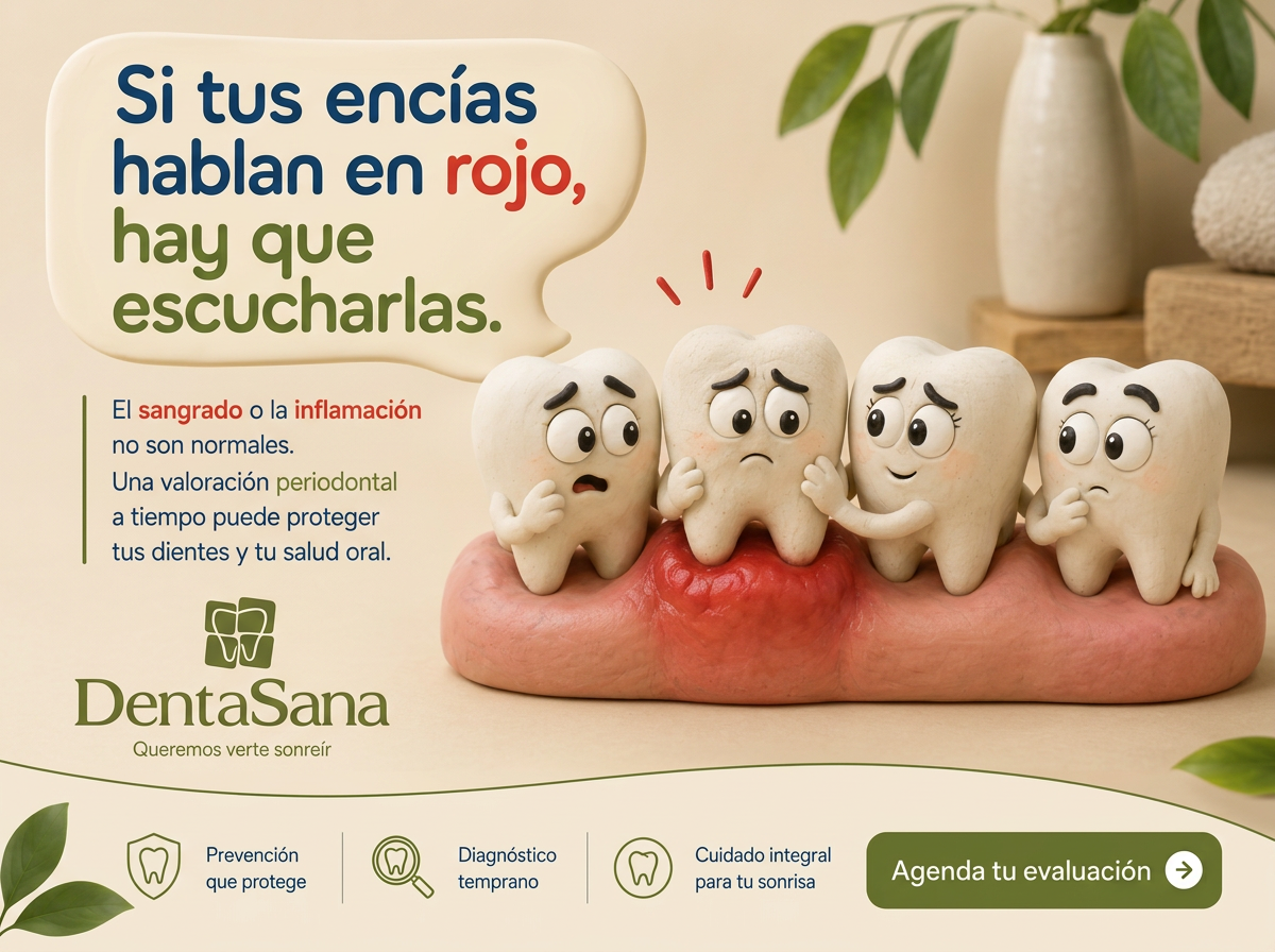 Ilustración de la campaña Denta Sana sobre encías inflamadas y sangrado
