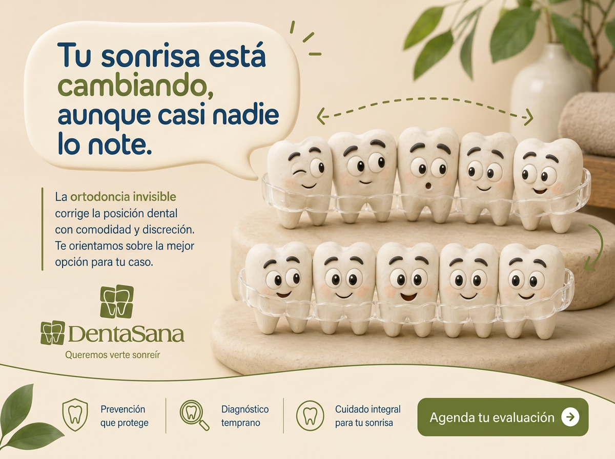 Ilustración de la campaña Denta Sana sobre ortodoncia invisible con alineadores transparentes