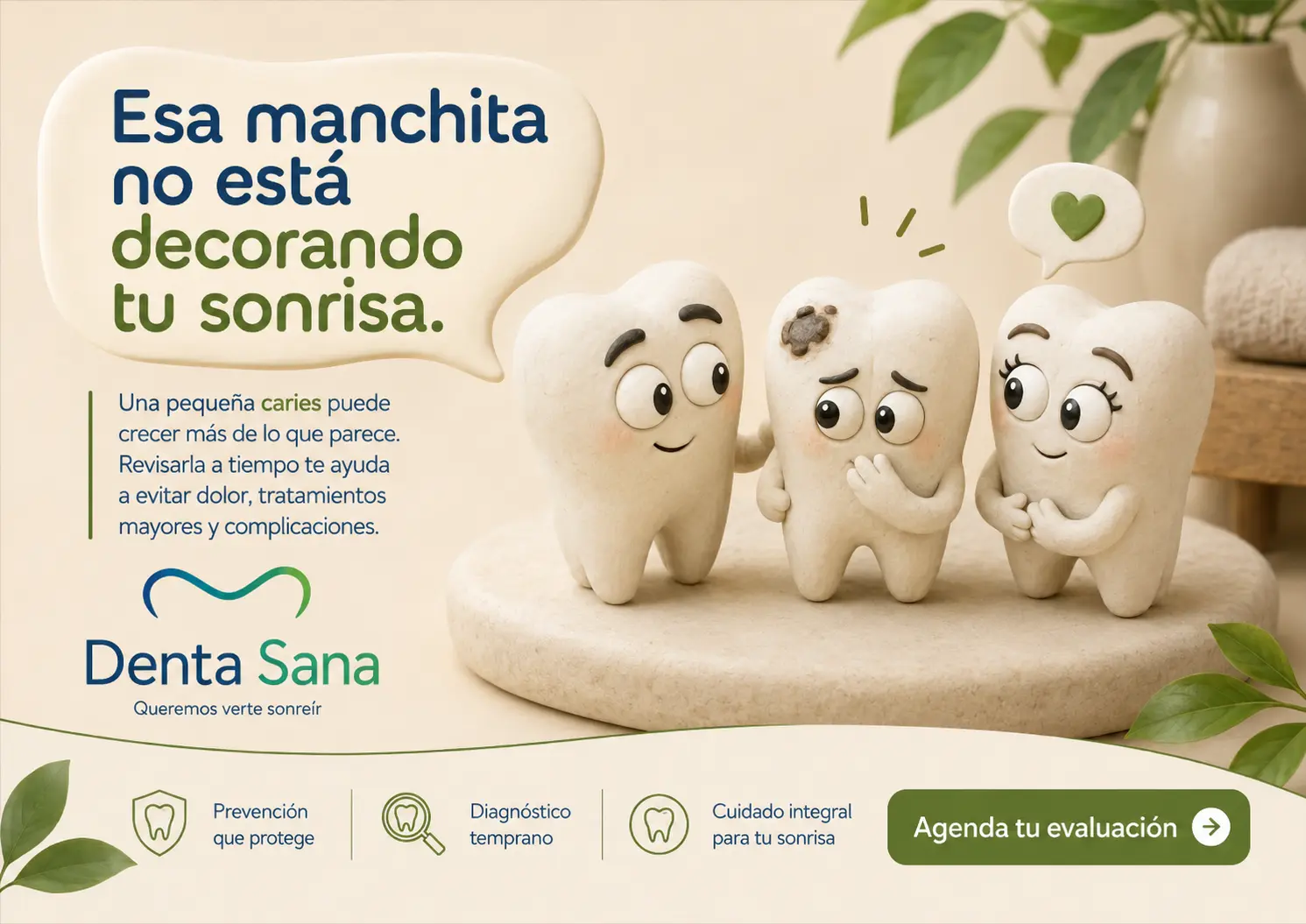 Ilustración de la campaña Denta Sana sobre caries: esa manchita no se va sola