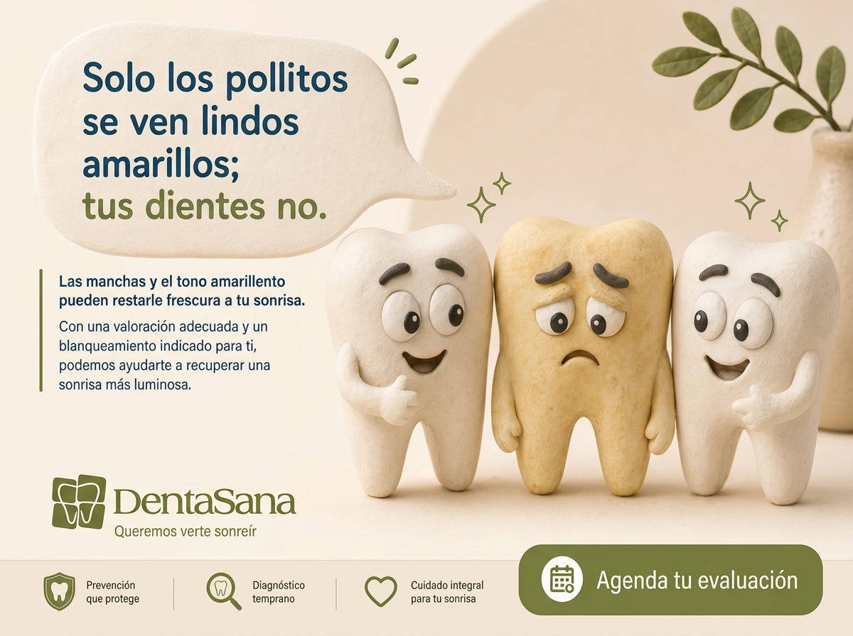 Ilustración de la campaña Denta Sana sobre dientes amarillos y blanqueamiento dental